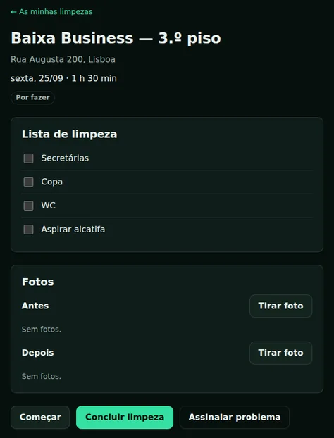 App da equipa: lista de limpeza e fotos antes e depois no telemóvel